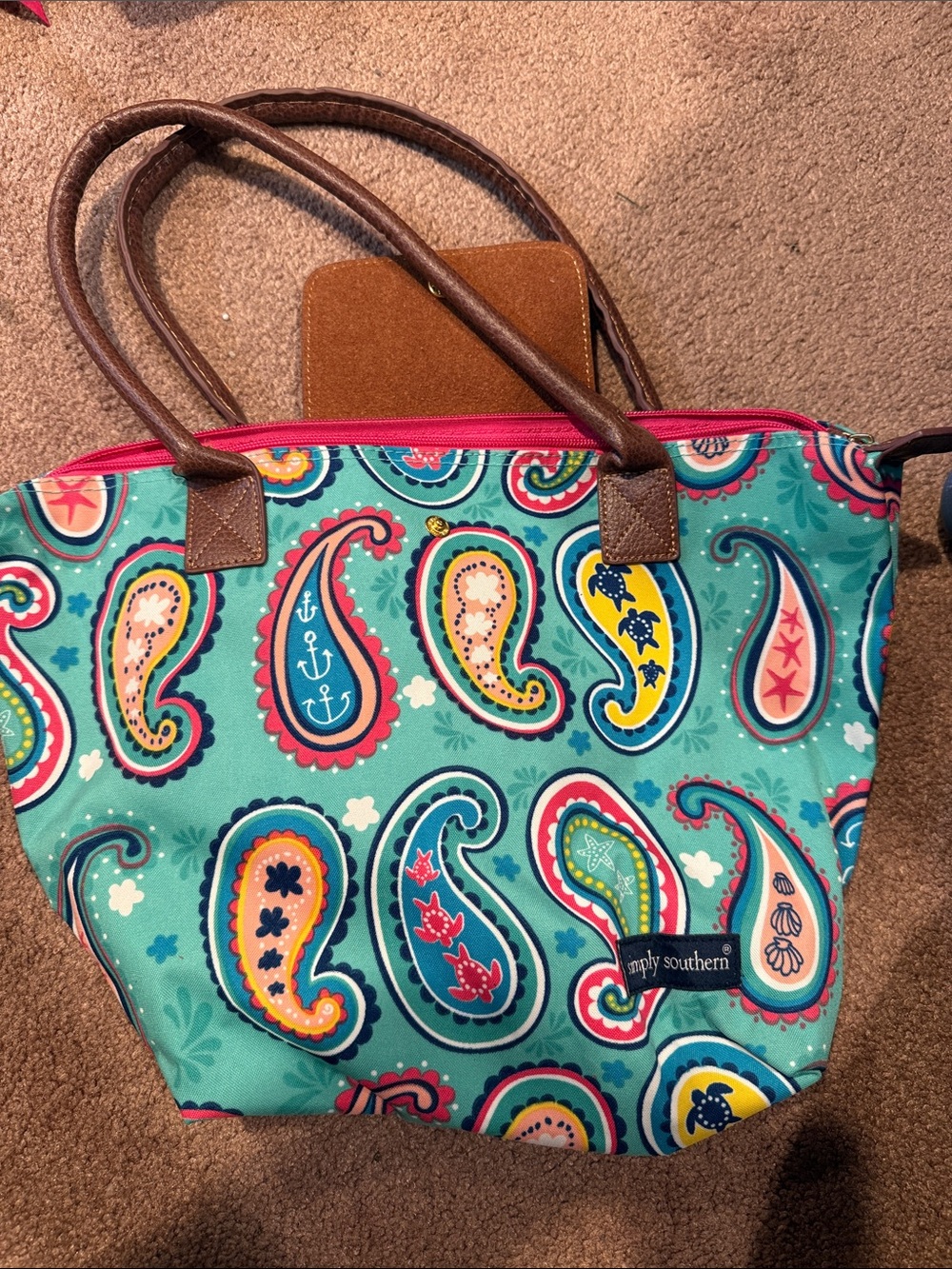 Simply Southern Teal Paisley Tote with Brown Straps and Pink Zipper